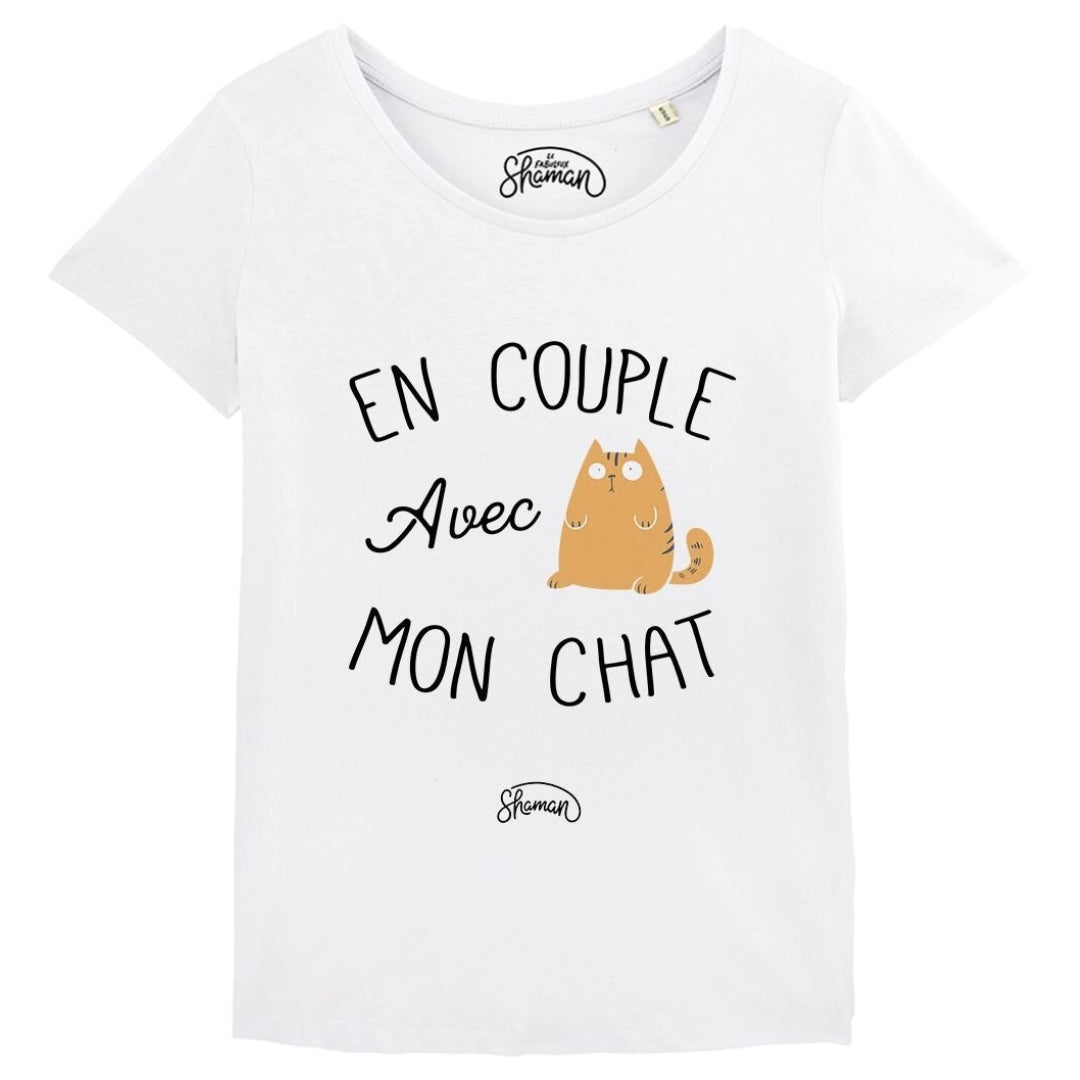 T-shirt femme "En couple avec mon chat" blanc