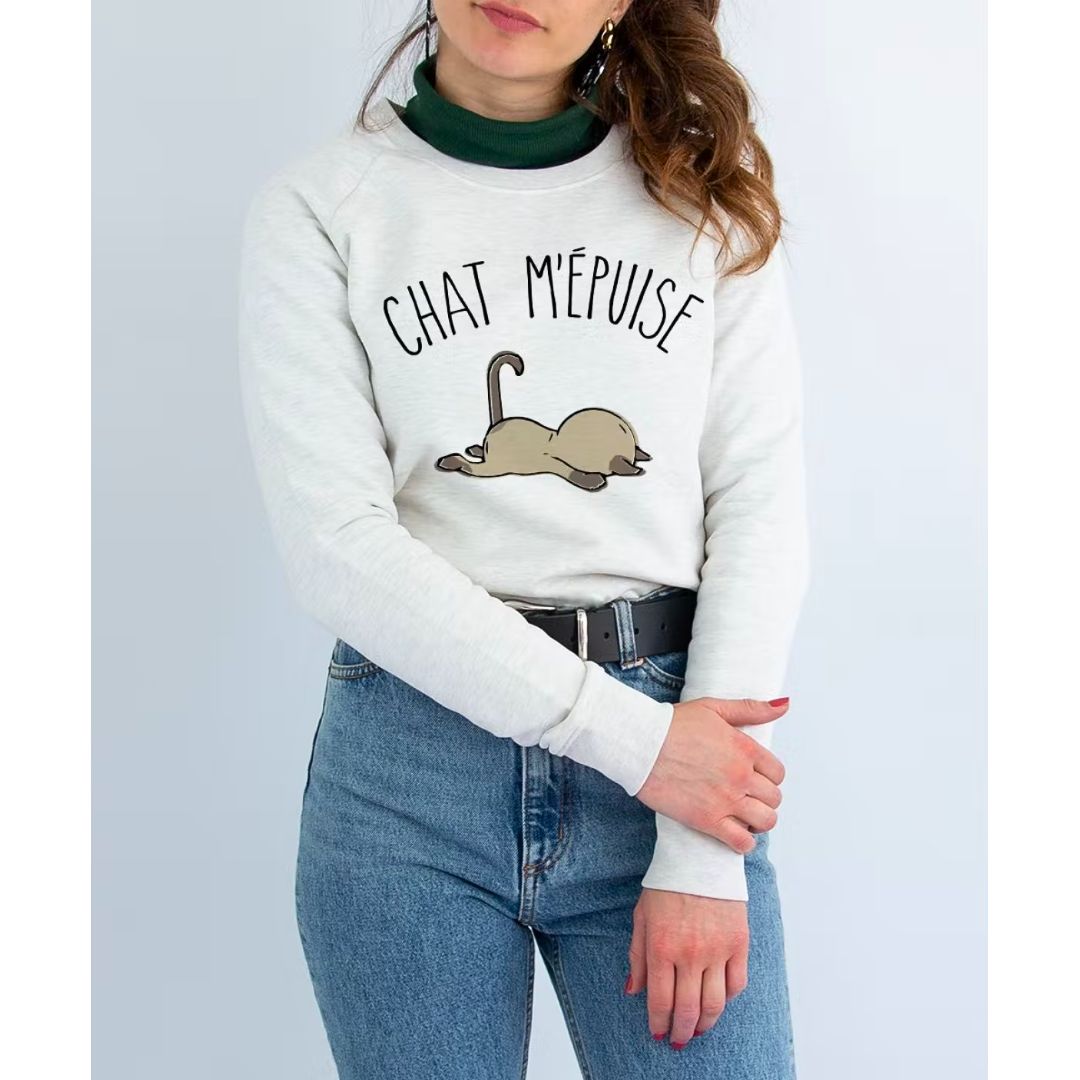 Sweat H/F "Chat m'épuise" crème