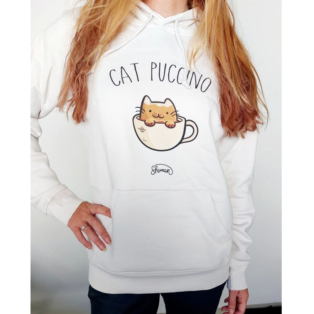 Cremefarbenes M/F-Sweatshirt „Cat Puccino“.