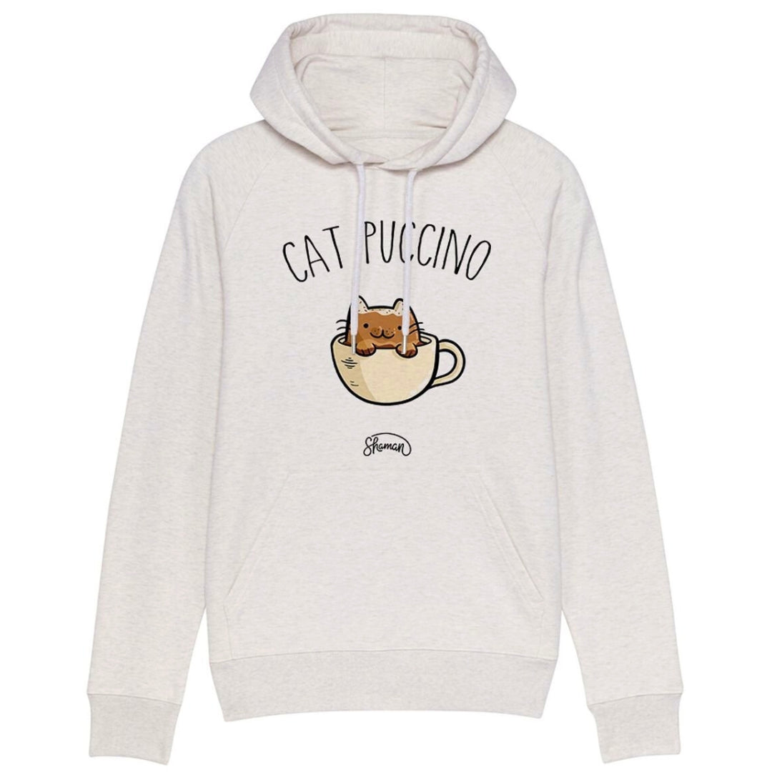 Cremefarbenes M/F-Sweatshirt „Cat Puccino“.