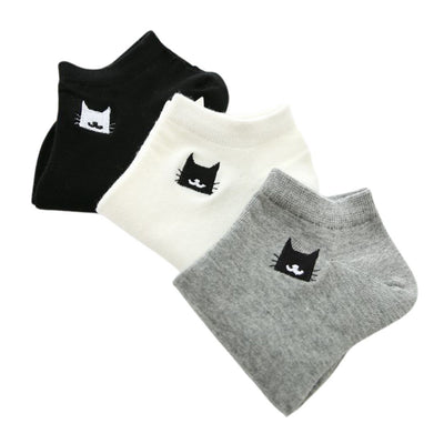Chaussettes courtes broderie chat - 3 paires